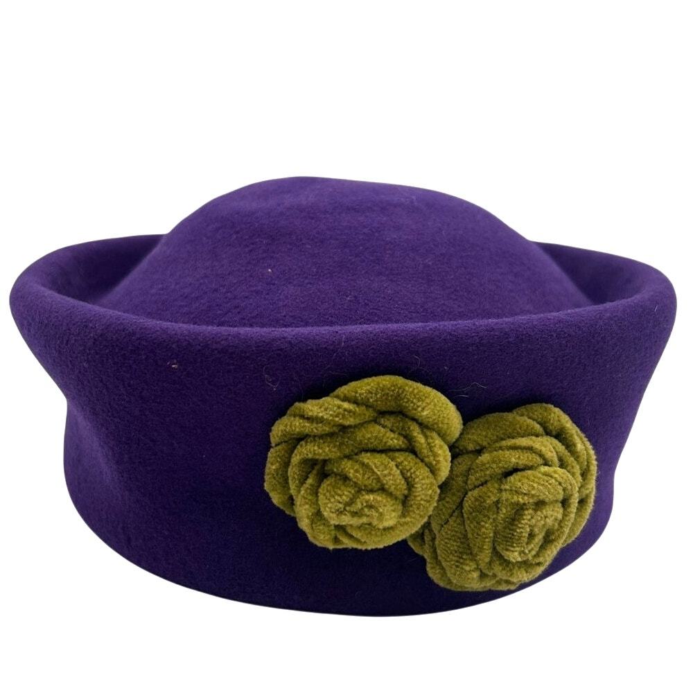 Vintage 80s Purple Wool Felt Pillbox Hat Olive Velvet Rosette Flowers 56cm Sz M - Picture 4 of 13